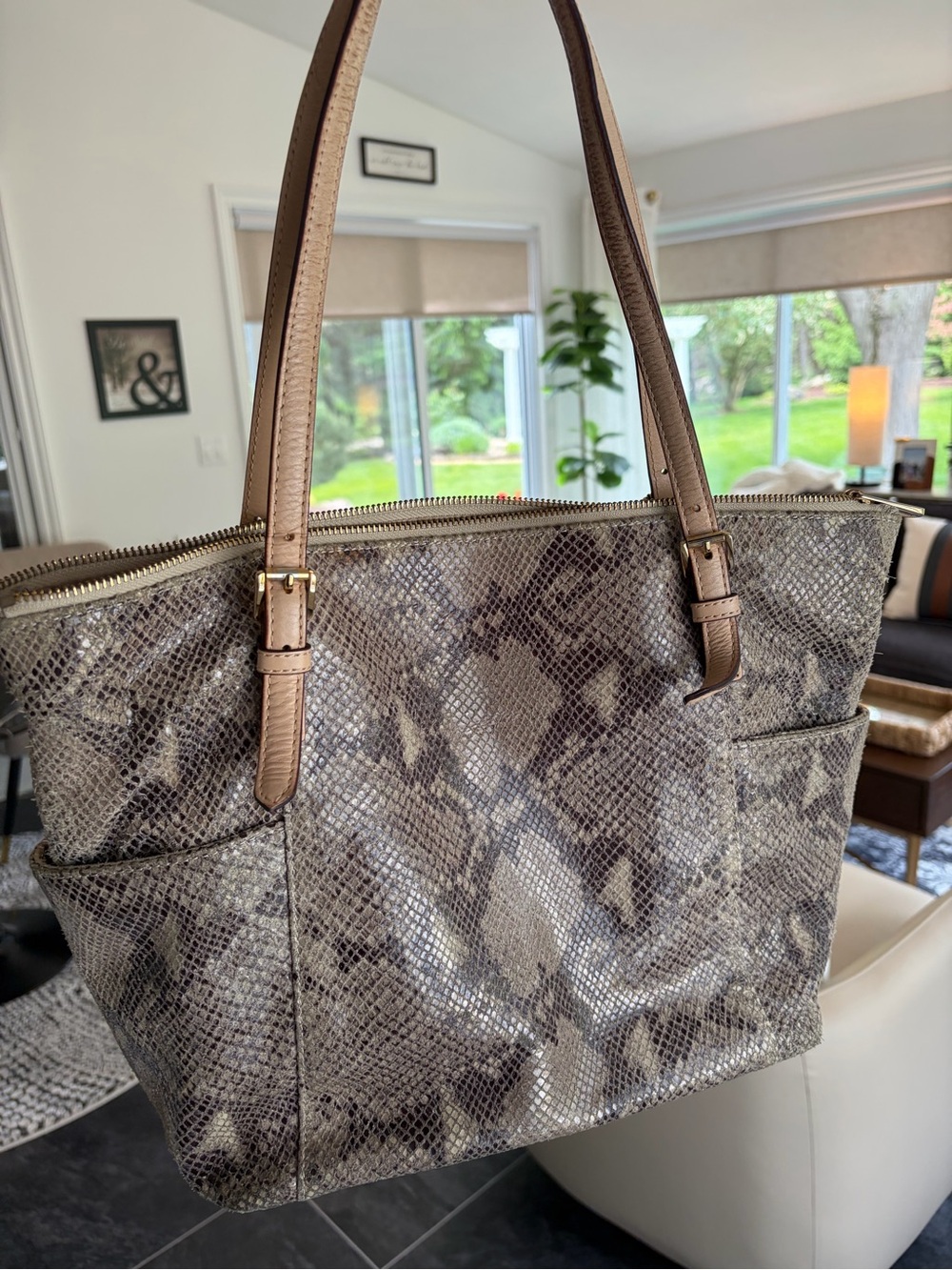 Michael Kors Beige Snake-Print Tote with Tan Straps